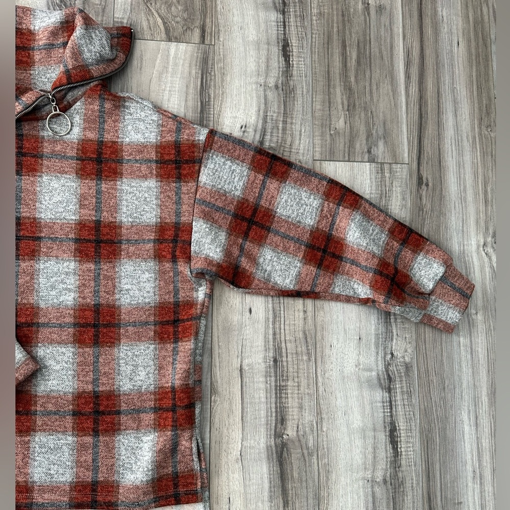 White Birch Plaid Cowl Neck Sweater Sweatshirt  Zip Detail Gray/OrangeSz L - Picture 4 of 7